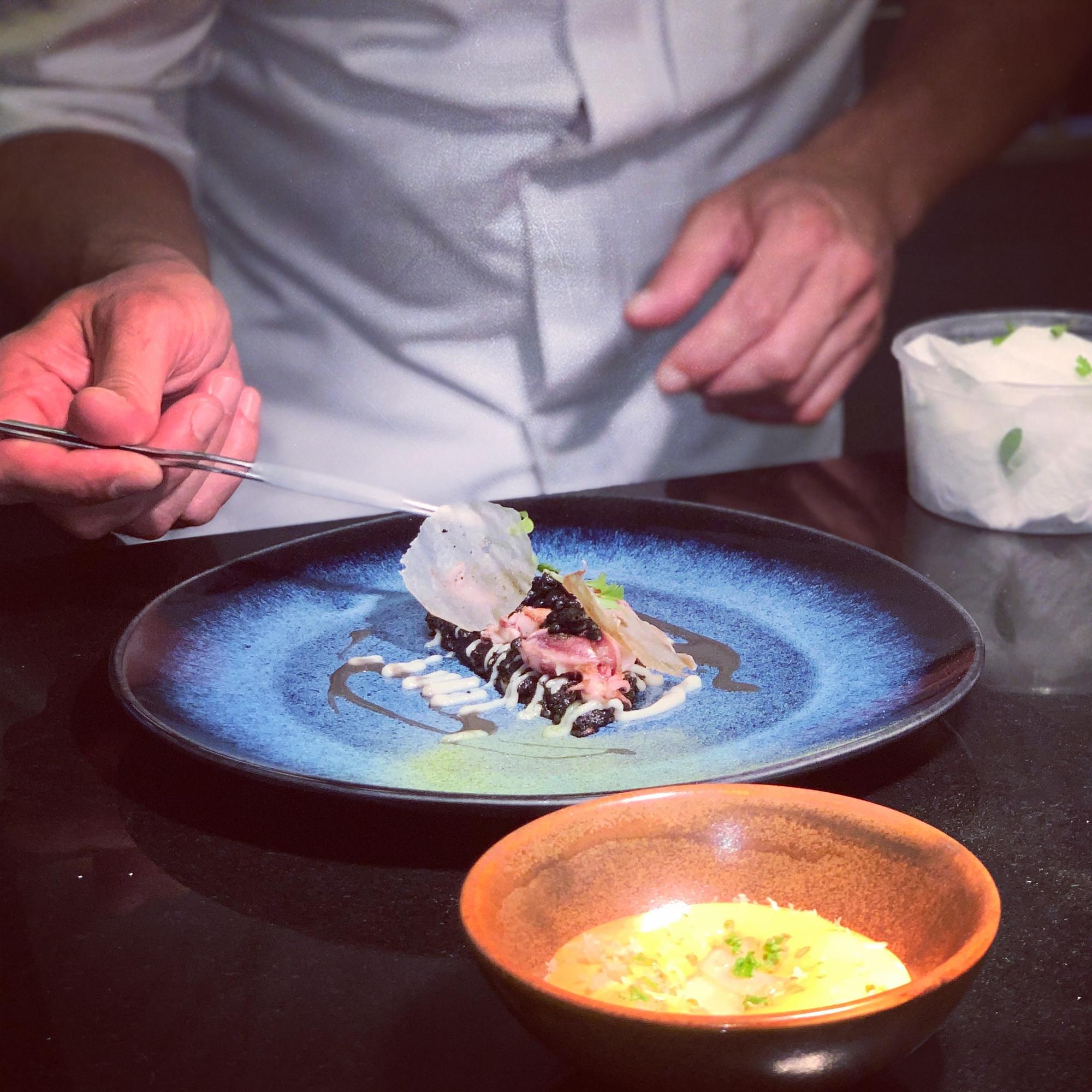 Chef shaping plated dish in modern studio kitchen